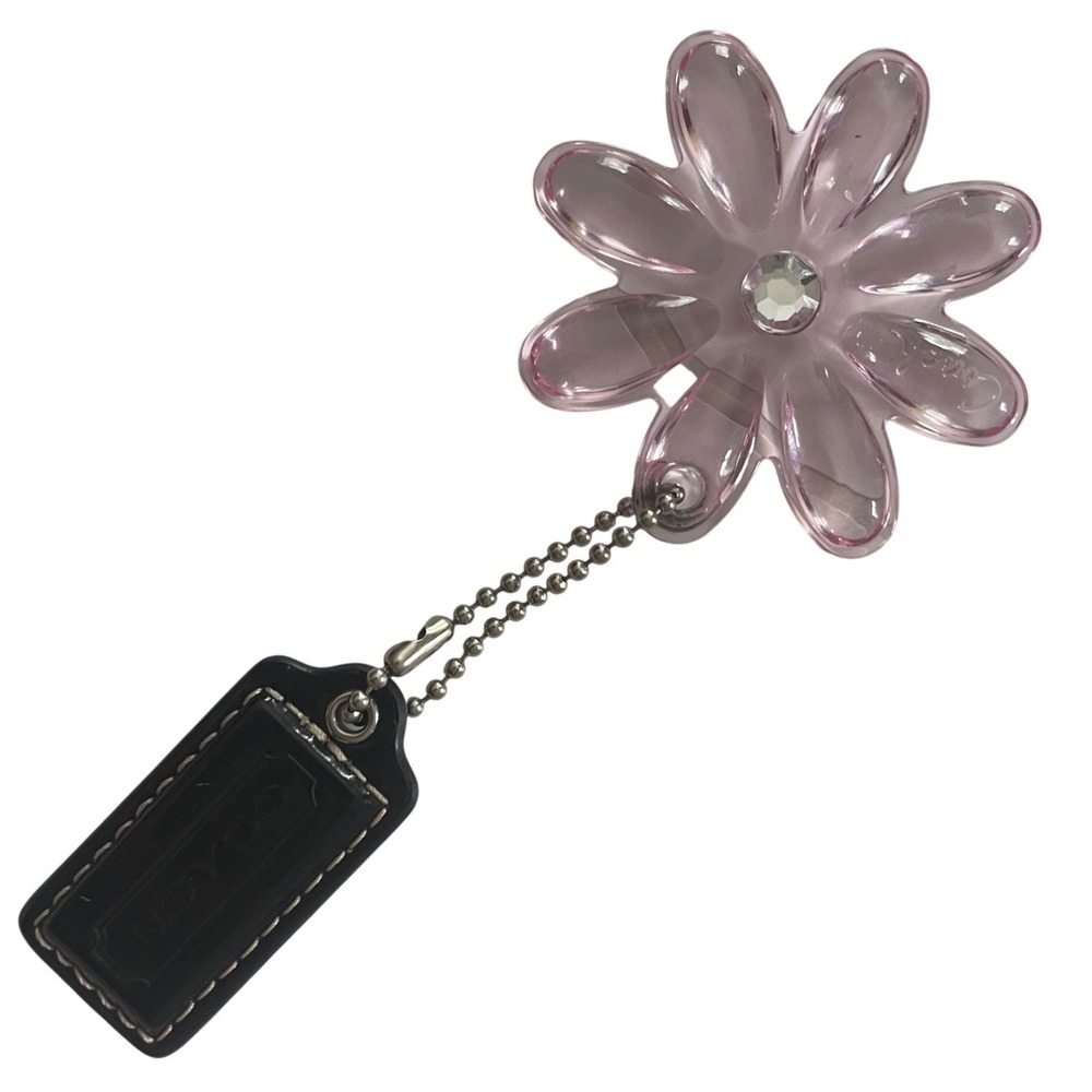 Coach Pink Acrylic Daisy Flower Bag Charm Keychain with Black Leather Hangtag - Picture 2 of 3